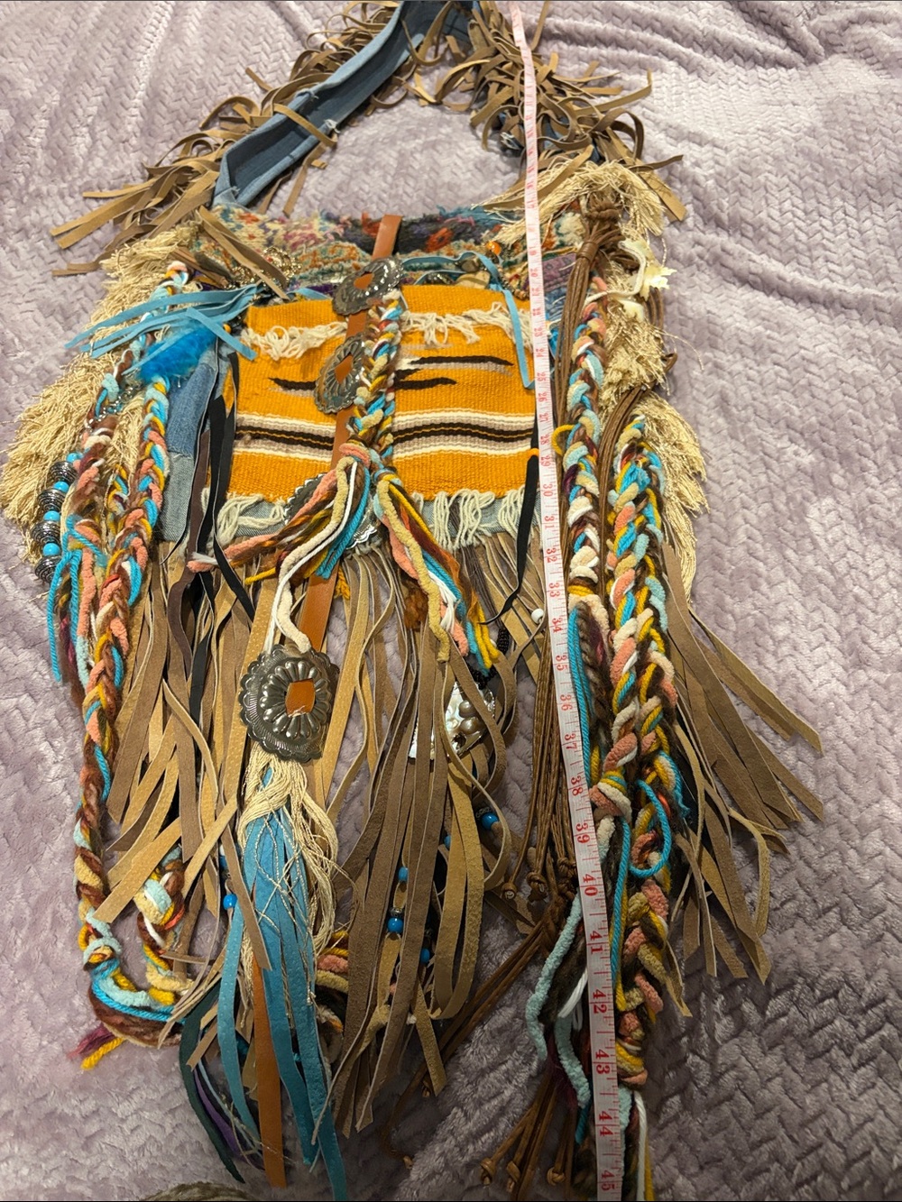 Boho Fringe Crossbody Bag - Mustard & Turquoise - Picture 6 of 9